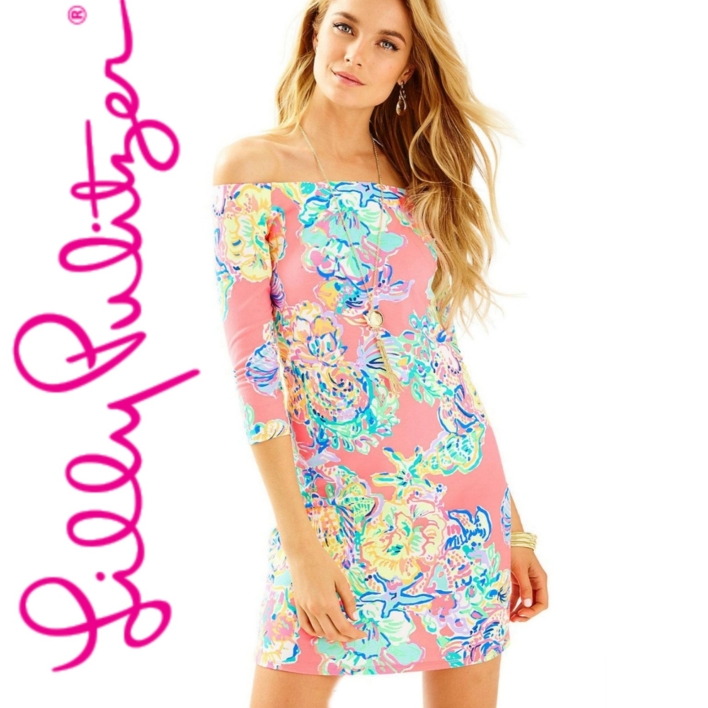lilly Pulitzer laurena coral reef dress size xs neon off the shoulder dress.